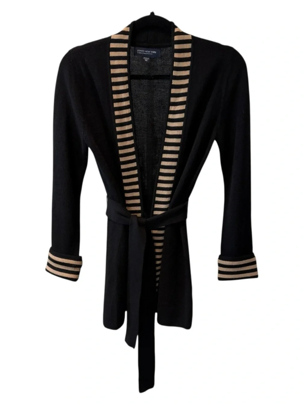 Jones New York Two-Tone Cardigan Sweater Black Nude Knit Belted Open-Front